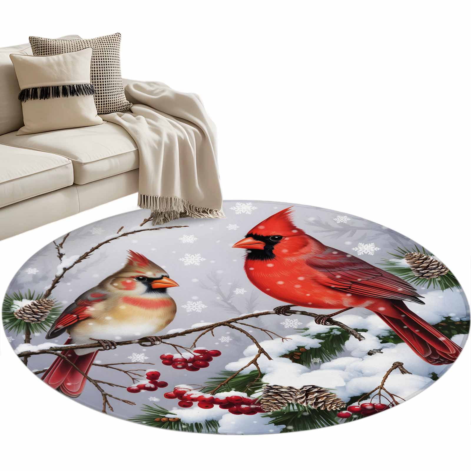 Christmas Bird Area Rug, Winter Red Cardinal on Tree Nature Snow Scene ...
