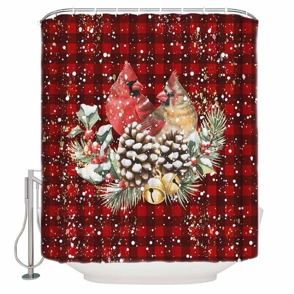 Christmas Bird Bathroom Shower Curtains with Hooks, Snowflake Pine Cones Branch Red Plaid Waterproof Fabric Washable Shower Curtain for Home Hotel Bathtub Decor 60x72 Inch