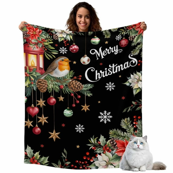 Christmas Bird Flannel Blanket for Bed,Travel and Camping, Poinsettia Floral Holly Fruit Xmas Ball Black Super Soft Cozy Blanket for All Seasons 32"x48"