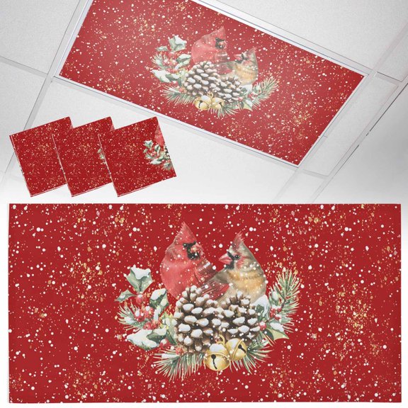 Christmas Bird Fluorescent Light Covers Snowflake Pine Cones Branch Winter Red Magnetic Light Filters Ceiling Lighting Panel Shade for Classroom Office Home 2 x 4 ft, 3 Pack