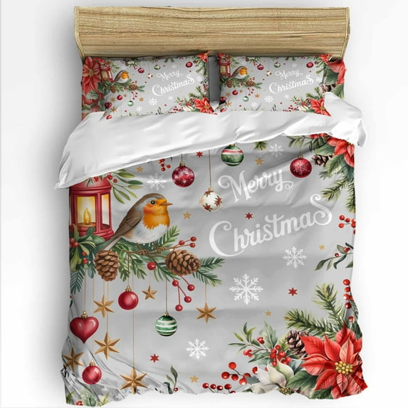 Christmas Bird King Size Comforter Set, Poinsettia Floral Holly Fruit Xmas Ball Grey Soft Bedding for All Seasons, 4 Pcs Bed Set with 1Comforter (90"x106") ,1 Sheet(94"x116"), 2 Pillowcases (19"x35")