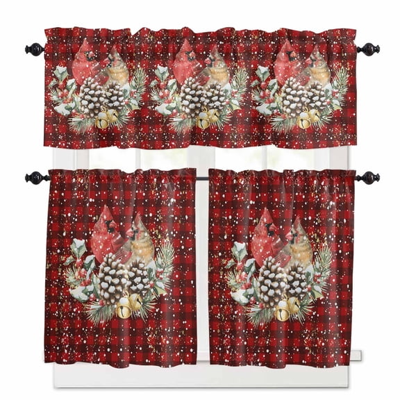 Christmas Bird Kitchen Curtains and Valances Set, Snowflake Pine Cones Branch Red Plaid Rod Pocket Window Valance 18 Inch Window Curtain Panels for Living Room Bedroom Laundry, 27.5x24in, 3 Pieces