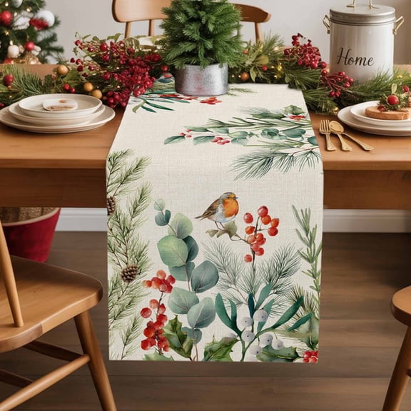 Christmas Bird Leaf Berry Table Runner 13x90in Non-Slip Cotton Linen Table Runners, Winter Botanical on Retro Linen Dresser Scarves TableRunner for Dinner Kitchen Dining Wedding Party