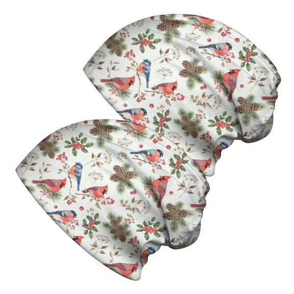 Christmas Bird Pine Cone Pattern 2 Pack Slouchy Beanie Hat, Sleep Head Cover with Stretchy Fabric & Soft Texture, Stretchy Polyester Gifts for Birthday Christmas Thanksgiving