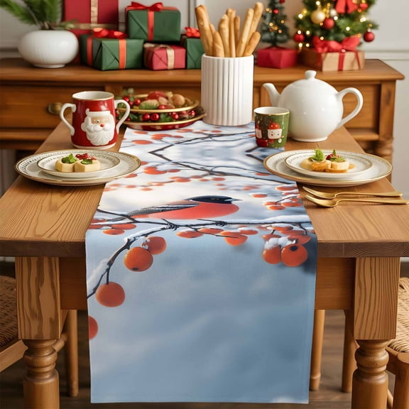 Christmas Bird Red Berry Branch Table Runner 13x90in Non-Slip Cotton Linen Table Runners, Winter Snow Scene Dresser Scarves TableRunner for Dinner Kitchen Dining Wedding Party