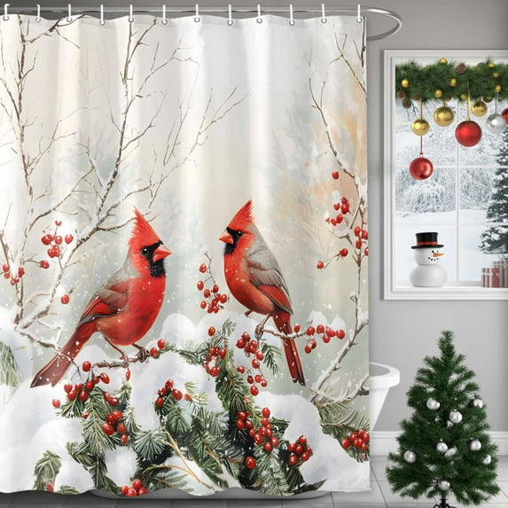 Christmas Bird Red Berry Leaves Shower Curtain for Bathroom, Winter Snow Branch Waterproof Shower Curtains Washable Quick Dry with Hooks Bathtub Curtains 72x72IN