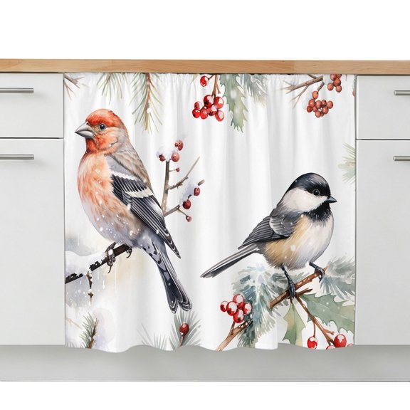 Christmas Bird,Sink Skirt 10"W x 11"L,Dustproof Under Sink Curtain Skirt for Bathroom Kitchen,Watercolor Green Pine Tree Leaves Adhesive Short Vanity Curtains Cover for Laundry Room Closet Shoe Rack