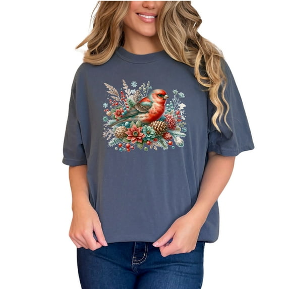 Christmas Bird T-Shirt, Winter Holiday Graphic Tee, Festive Bird Design Shirt, Seasonal Print T-Shirt, Unique Christmas Gift, Denim Comfort Colors T-Shirt, Medium