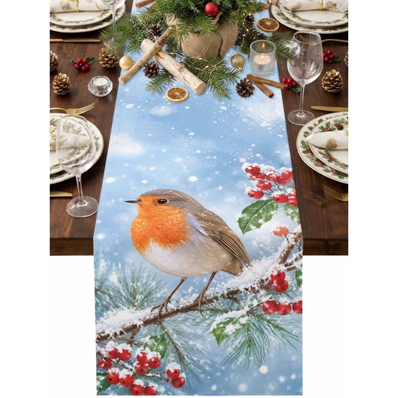 Christmas Bird Table Runner, Xmas Red Berry Branches Winter Blue Washable Cotton Linen Table Runners 36 Inches Long, Dresser Scarf Runner for Nightstand/End Tables/Round Tables 13''x36''
