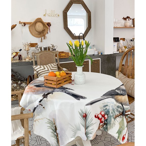 Christmas Bird, Tablecloth Square Table Cloth 54x54, Waterproof Tablecloth Outdoor Table Cloth, Watercolor Green Pine Tree Leaves Washable Table Cover for Kitchen Dining Party