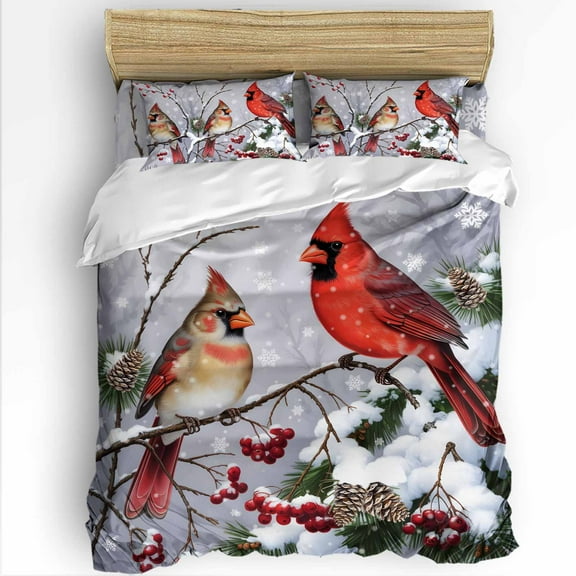 Christmas Bird Twin Size Comforter Set, Winter Red Cardinal on Tree Nature Snow Scene Soft Bedding for All Seasons, 4 Pcs Bed Set with 1 Comforter (68"x86") ,1Sheet(66"x116"), 2 Pillowcases (19"x29")