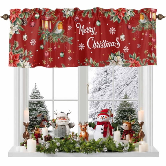 Christmas Bird Valances for Windows, 54 x 18in, Poinsettia Floral Holly Fruit Xmas Ball Red Rod Pocket Kitchen Valance Curtain Light Filtering Window Treatments for Living Room Bedroom, 1 Panel