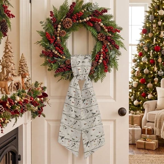 Christmas Bird Wreath Sash for Front Door, Rustic Winter Birch Ornaments Tree Trunks Country Sash for Wreath, Home Decor Wall Window Porch Decoration Indoor Outdoor 4.5'' x 56''