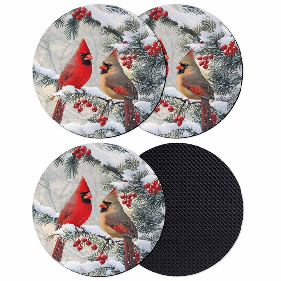 Christmas Birds Coasters Set of 4, Absorbent Coasters for Drinks, Pine Cones Branches Berry Xmas Coaster for Desk Coffee Table Protection, Home Decor House Warming Gifts 4"