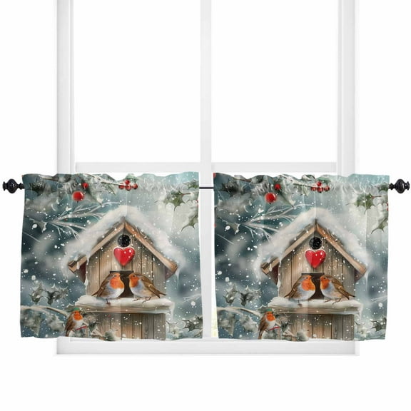 Christmas Birds Kitchen Curtain 2 Panels Tiers Curtains 24 Inch Length, Xmas Winter Snowflake Berry Curtains Rod Pocket Curtains Window Drapes Treatment Window Cafe Curtains