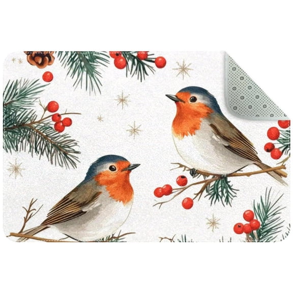 Christmas Birds Red Berries Fir Twigs Stars White Background Entryway Rug, 2x3 Area Rug Indoor Door Mat Non-slip Washable Floor Carpet Rug for Bedroom Office Dining Room Bathroom