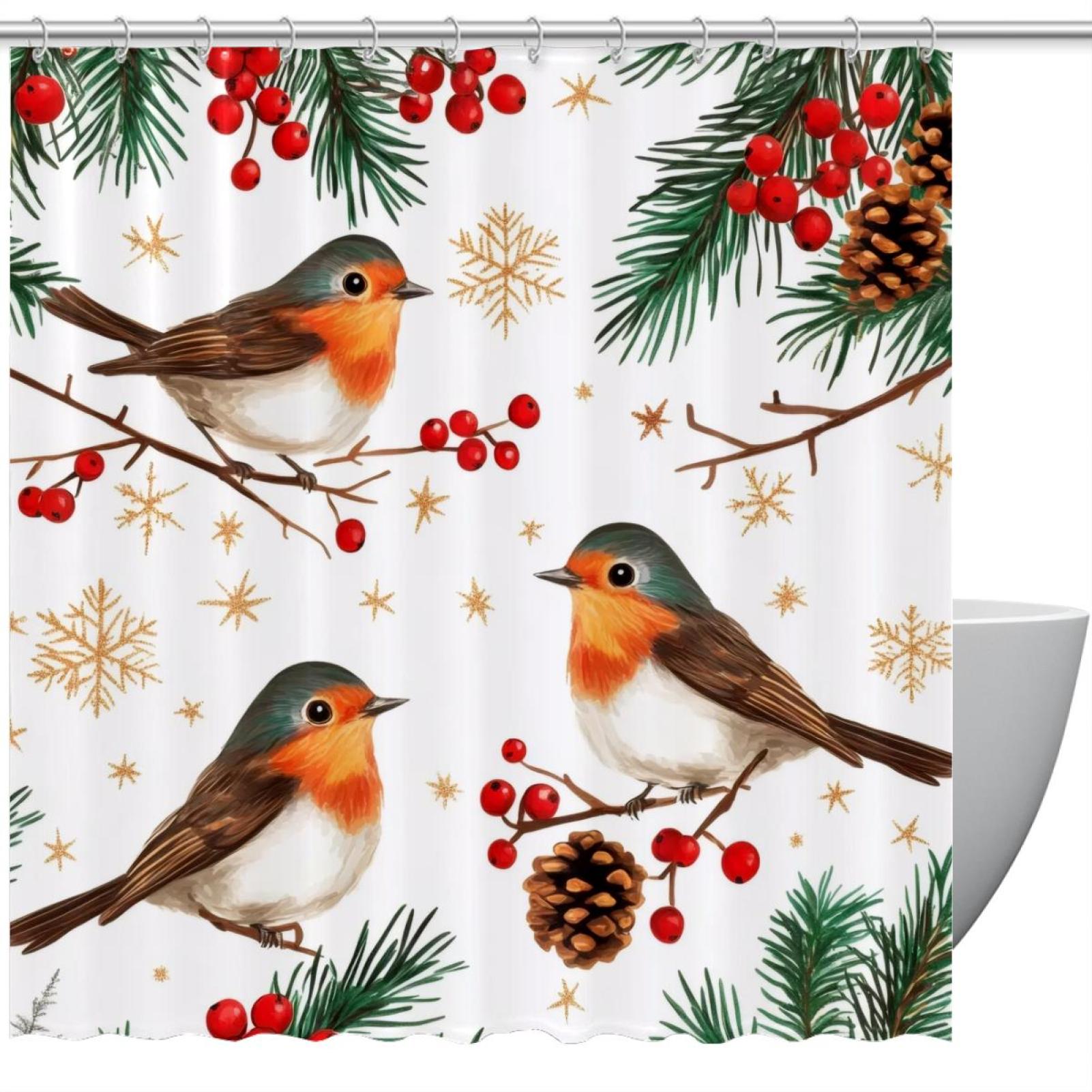 Christmas Birds Red Berries Stars White Background Shower Curtain 60x72