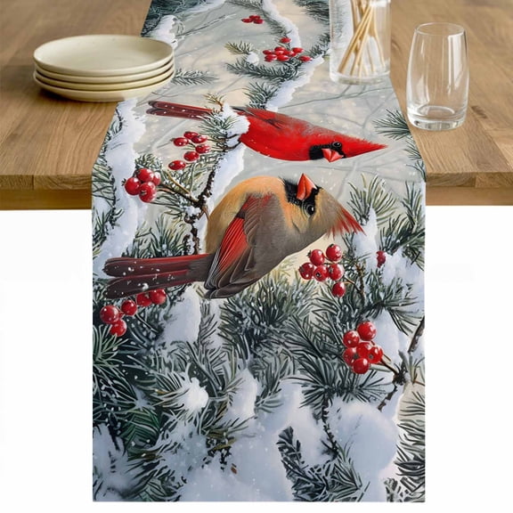 Christmas Birds Table Runner 36 Inches Long Farmhouse Dress Scarves, Pine Cones Branches Berry Xmas Dining Tablerunner for Coffee Table/Kitchen Island/Party Décor, Small 13" x 36"