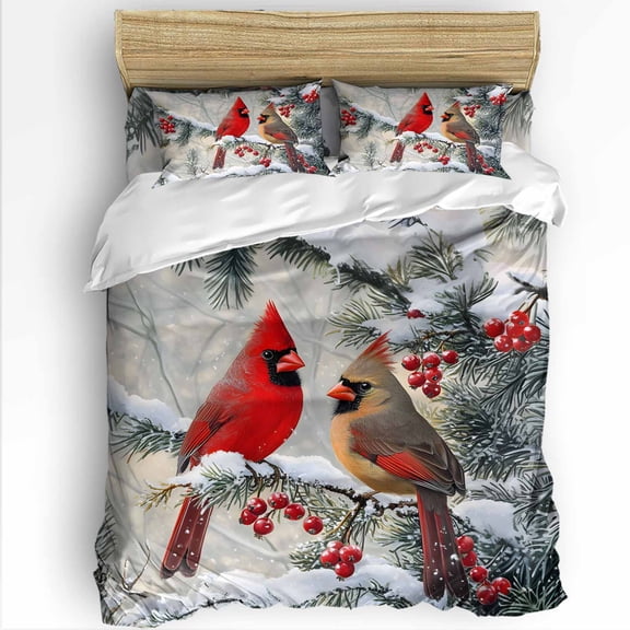 Christmas Birds Twin Size Comforter Set, Pine Cones Branches Red Berry Xmas Winter Soft Bedding for All Seasons, 4 Pcs Bed Set with 1 Comforter (68"x86") ,1Sheet(66"x116"), 2 Pillowcases (19"x29")