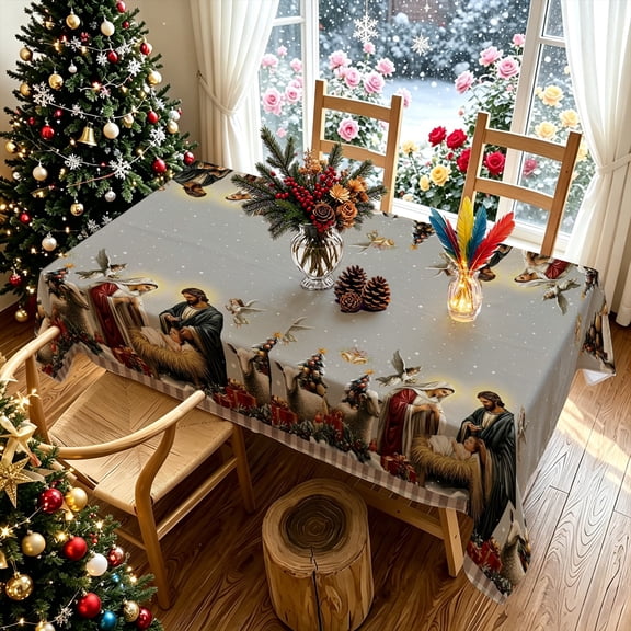 Christmas Birth of Jesus Religious Pattern Rectangular Tablecloth, Polyester, For Dining Table, Indoor Farmhouse Holiday Decor
