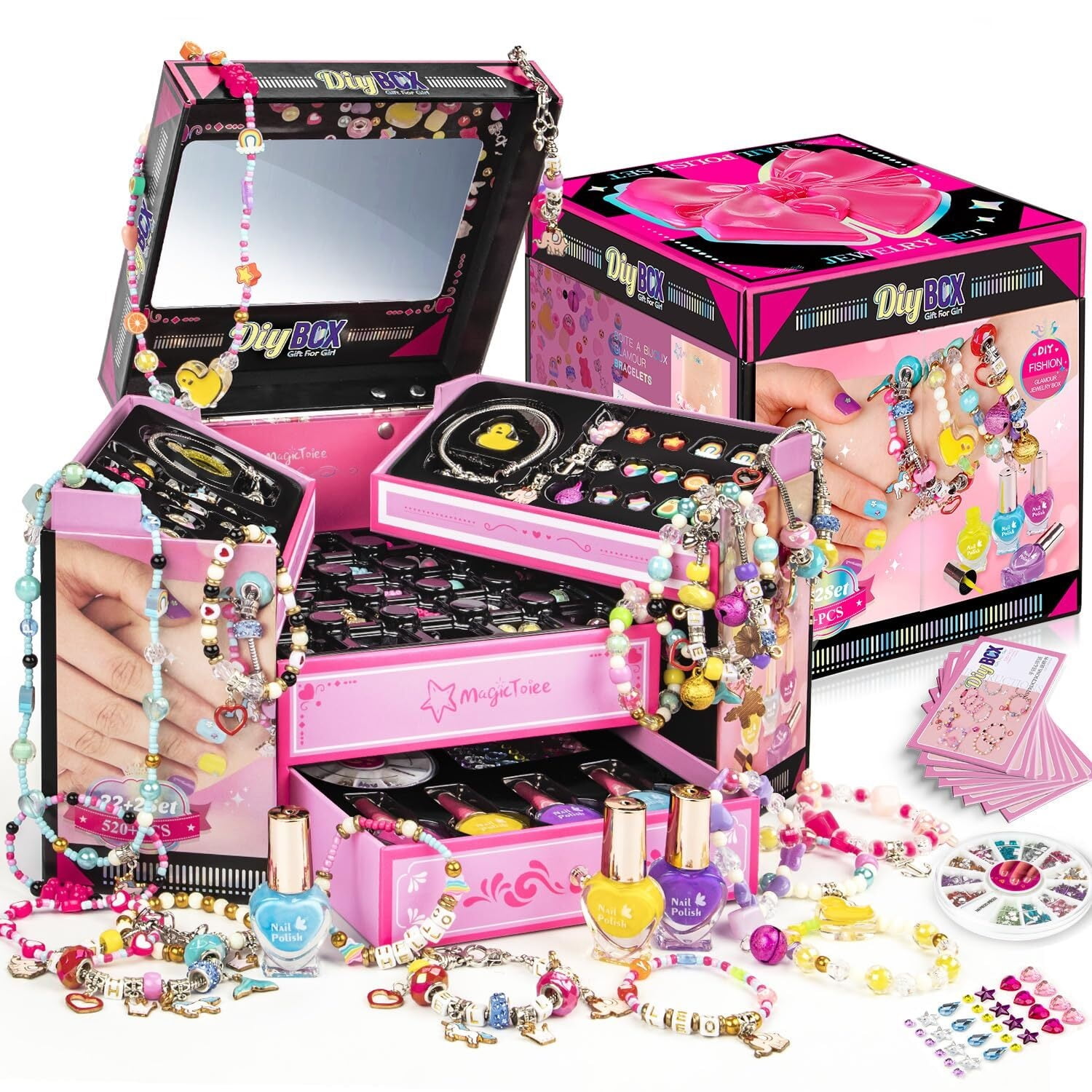 Christmas Birthday Gifts for Kids 520+PCS DIY Charm Bracelet Making Kit and Nail Art kit, Inspires Creativity and Imagination, Crafts for Girls Ages 5-12 with Jewelry Making Kit (Purple)