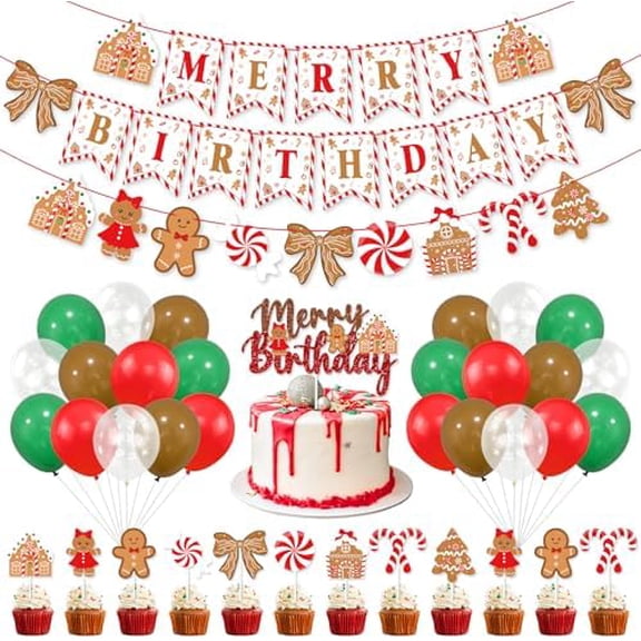 Christmas Birthday Party Decorations, Cute Bows and Gingerbread Merry Birthday Banner Cake Topper Red Green Snowflake Balloons for Gingerbread Christmas Decorations Holiday Party Supplies