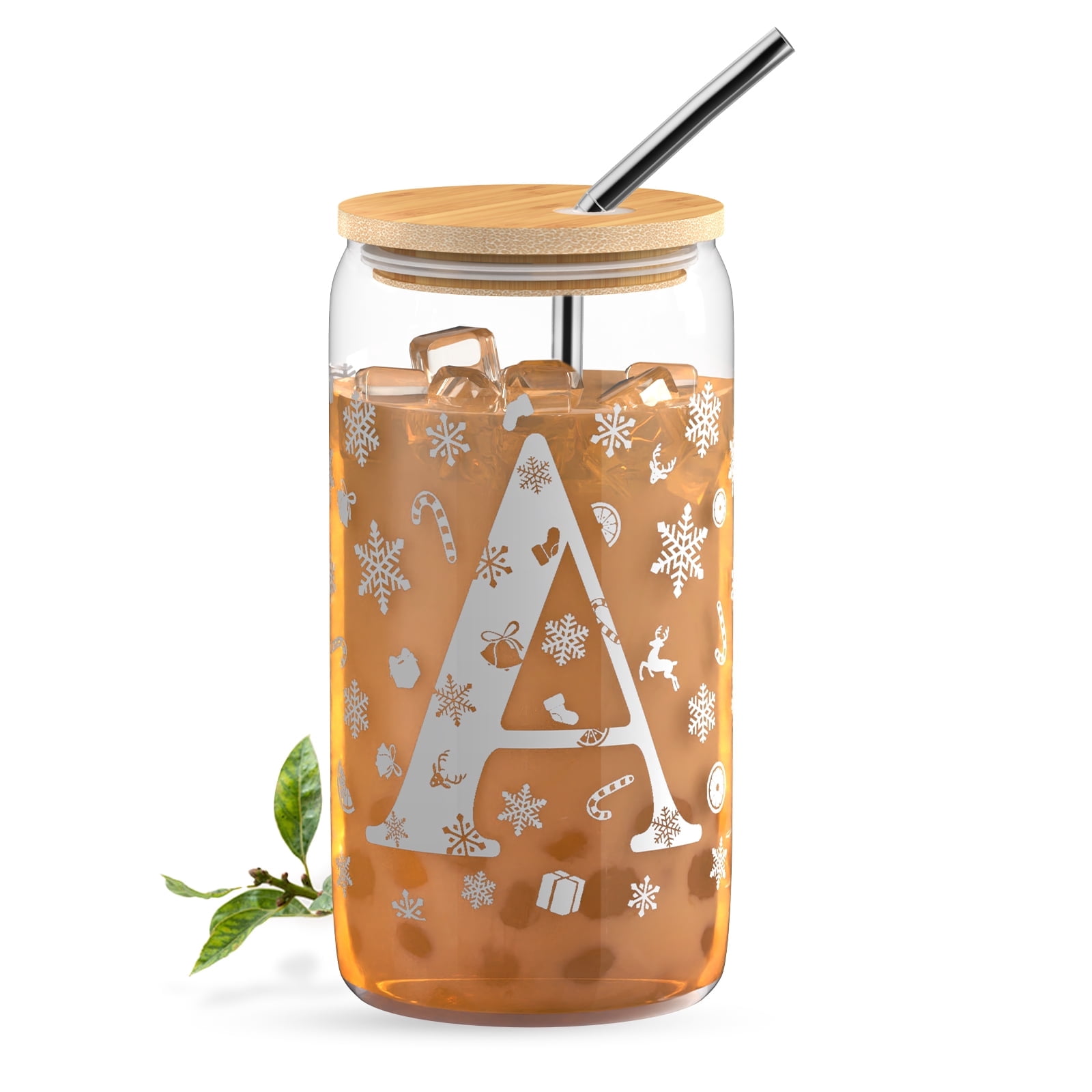 Visooplta 16 Oz Glass Cups with Bamboo Lids and Straws Initial Glass Cup - Valentines Day Gifts for Her，Personalized For Mom Dad FriendCute Cup Beer Tumbler for Personalized Gifts