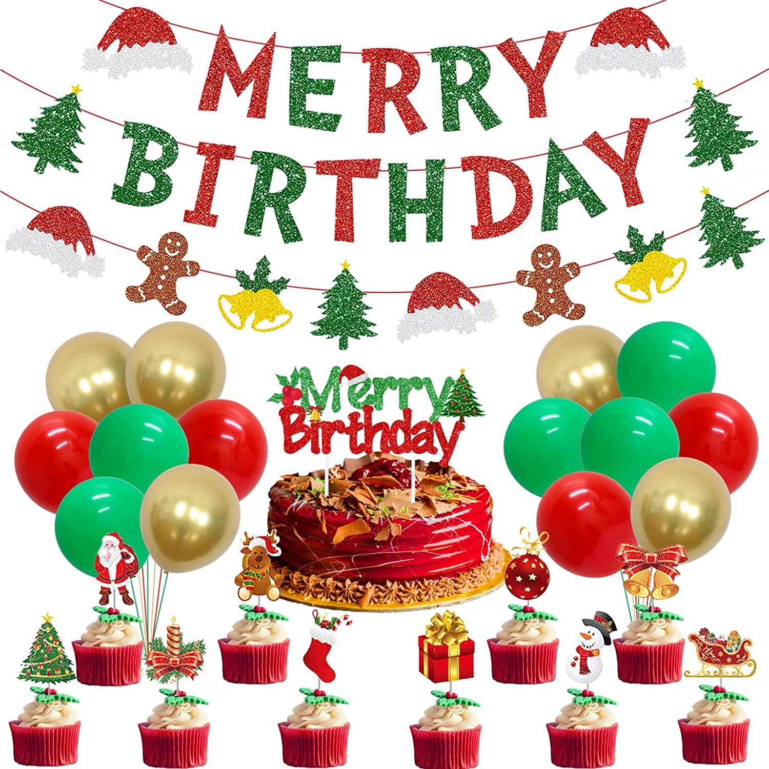 Christmas Birthday Party Supplies Christmas Balloons Red Green Merry Birthday Banner Christmas Theme Garland Cake Toppers for Xmas Eve Decor Winter Party Merry Birthday Decorations