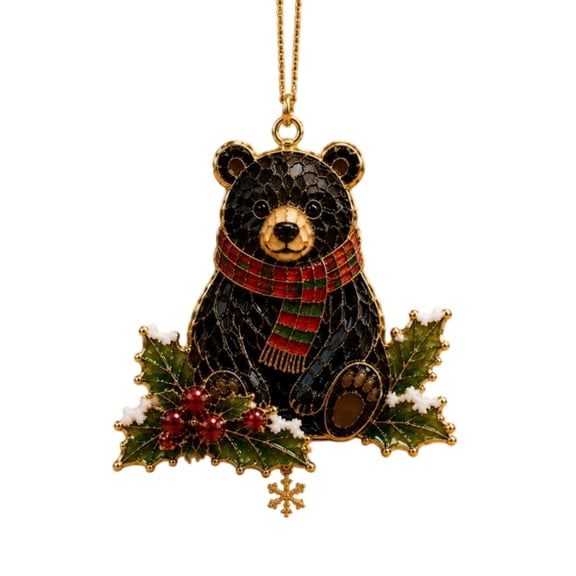 Christmas Black Bear Ornament Acrylic Hanging Decoration with Plaid Scarf and Holly Berries for Xmas Tree Wreath and Holiday Keepsake Gift