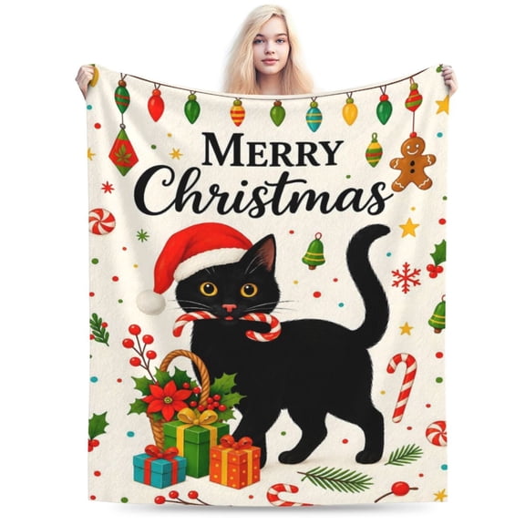 Christmas Black Cat Blanket, Soft Lightweight Flannel Cute Kitten in Santa Hat Holiday Throw Blanket for Couch 50x40