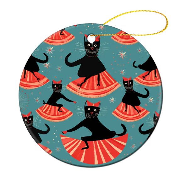 Christmas Black Cat Ceramics Ornaments Cat Lover Girls Gifts 3" Circle Ceramic Ornament Xmas Tree Decorations Flat Circle Ceramic Ornament Ornament Xmas Present