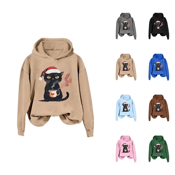 Christmas Black Cat Hoodies for Women 2025 Long Sleeve Cute Kitten Graphic Hooded Sweatshirt for Cat Lovers Pullover Tops