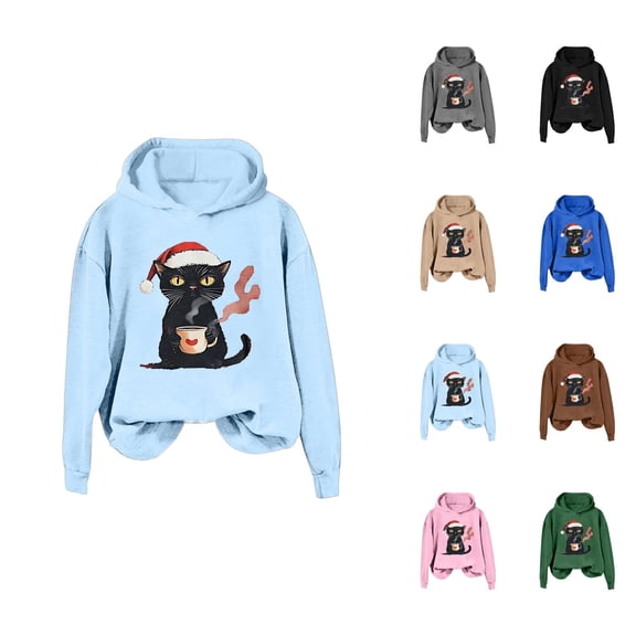 Christmas Black Cat Hoodies for Women 2025 Long Sleeve Cute Kitten Graphic Hooded Sweatshirt for Cat Lovers Pullover Tops