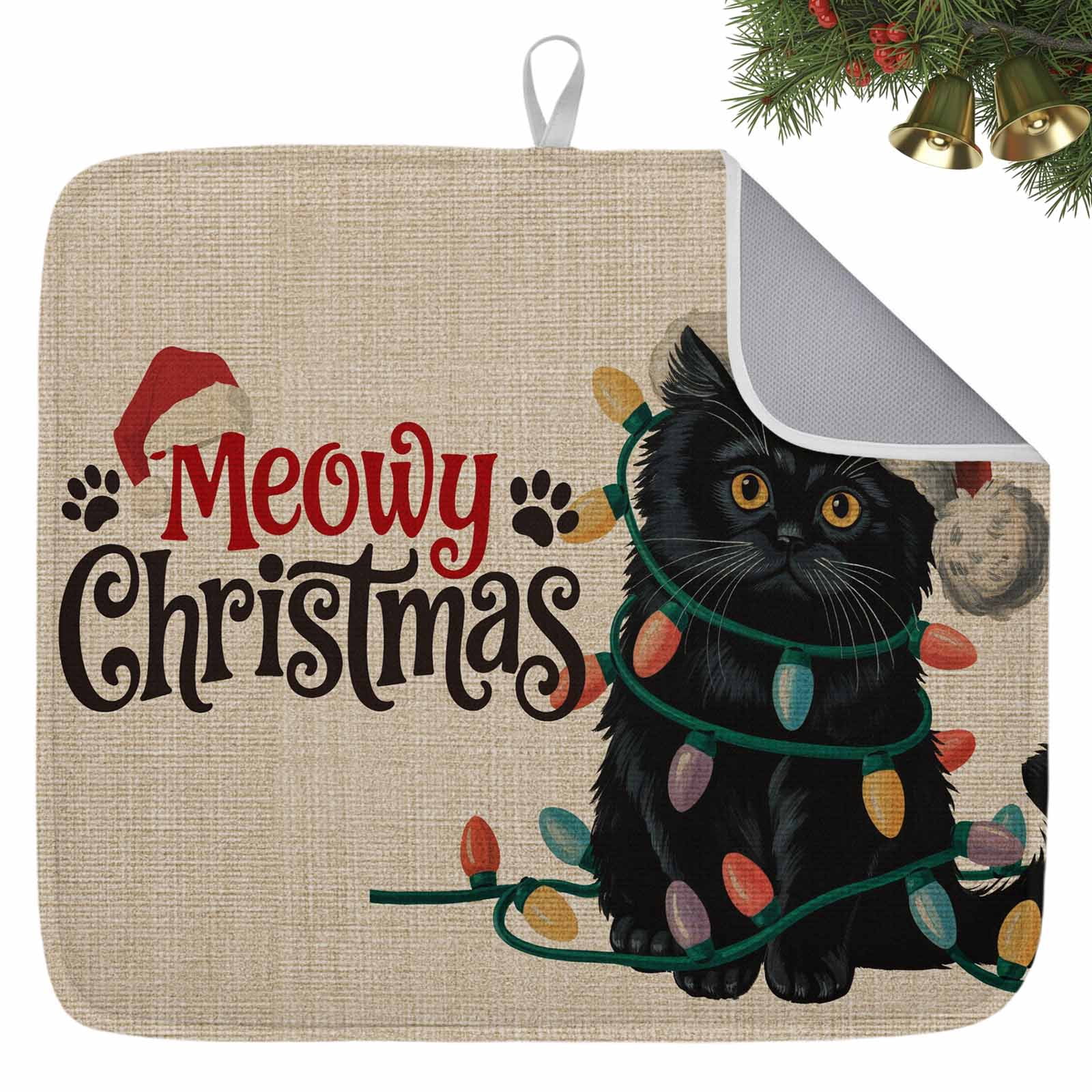 Winter Main Course Christmas Black Cat on Linen 1 Pack Dish Drying Mat,Absorbent Drying ...