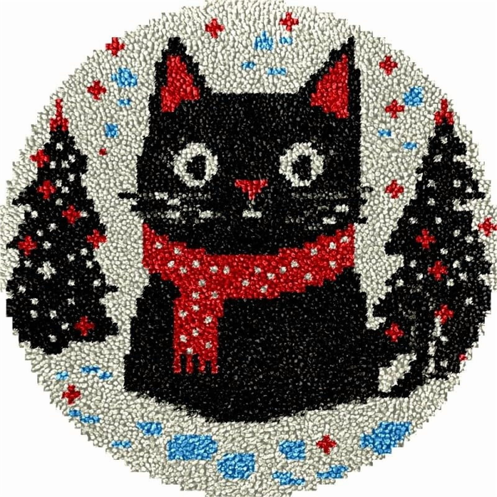 Christmas Black Cat Round Shape Latch Hook Rug Kits Set for Starter Crochet Hook Cushion Mat Sofa Seat Cushion Crocheting Kits with Preprinted Canvas Crochet Yarn Kits 50X50cm (ui127)