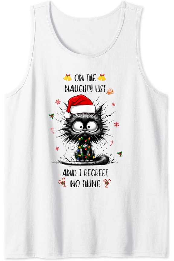 Christmas Black Cat Santa On The Naughty Women Kids Tank Top Size S-3XL