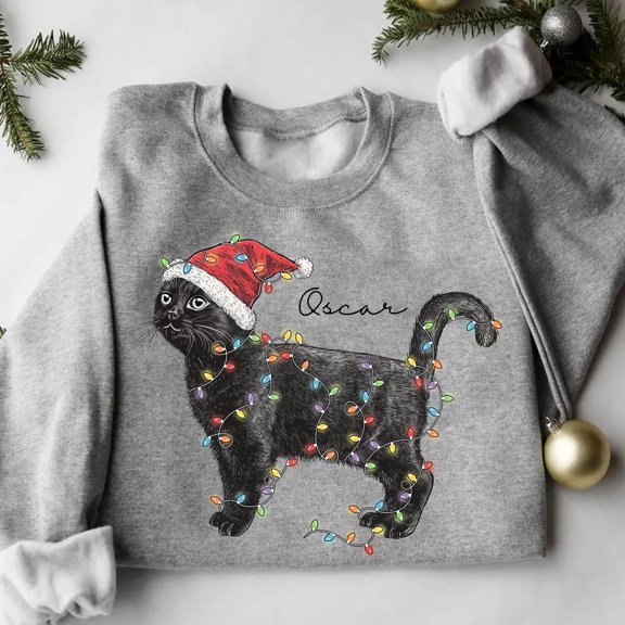 Christmas Black Cat Shirt, Cute Cat Christmas Shirt, Cat Lover Shirt, Cat Christmas Light