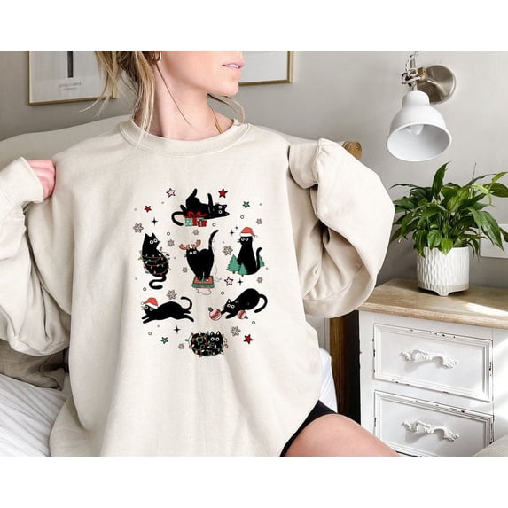 Christmas Black Cat Sweatshirt, Black Cat Christmas Shirt, Kitten Christmas Shirt, Cat Lover Gift, Cat Mom Sweater,Xmas Gift, Holiday Hoodie