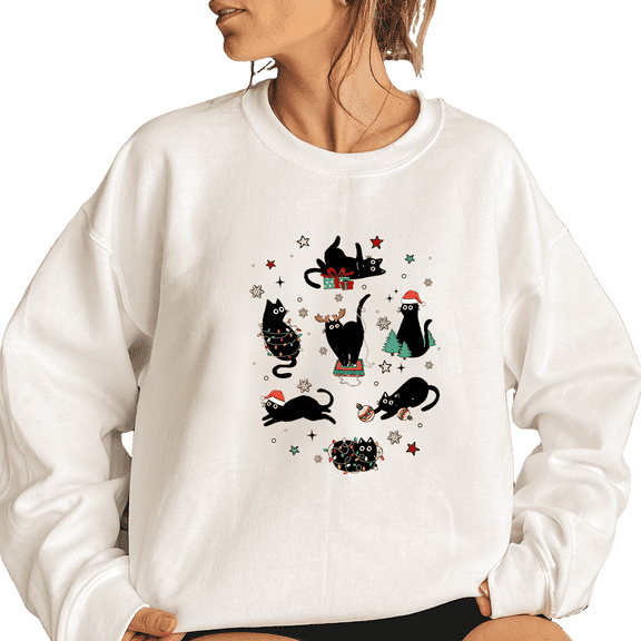Christmas Black Cat Sweatshirts Xmas Cat Lover Print Tops Casual Shirts Long Sleeve Casual Pullover for Holiday White,L