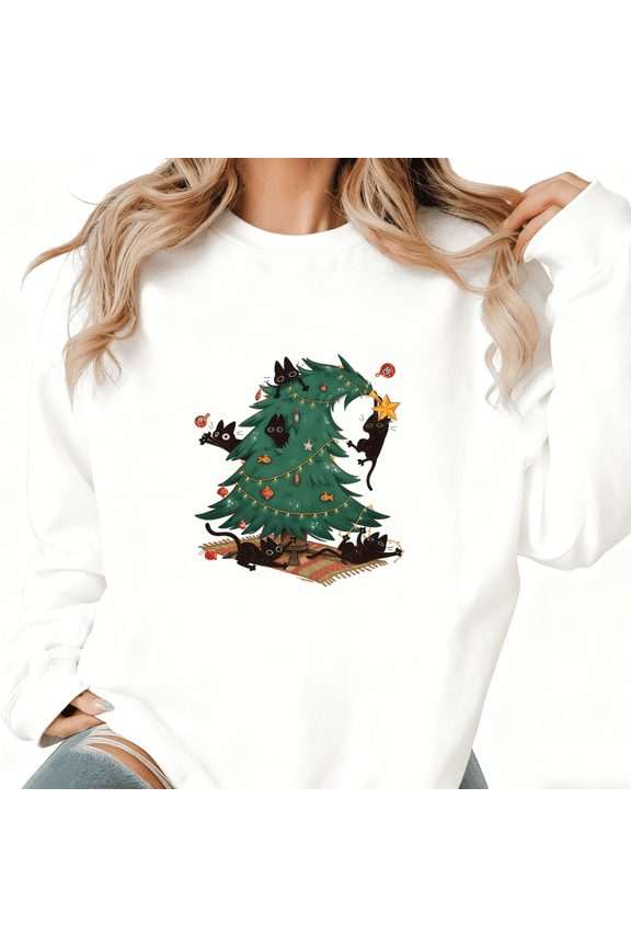 Christmas Black Cat Tree Graphic Tee T-Shirt Print Top Breathable Round-neck long-sleeved White S-3XL