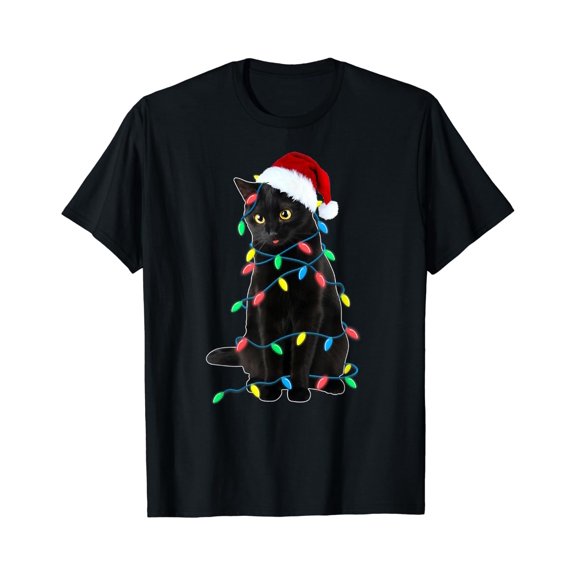 Christmas Black Cat Tree Lights Santa Kitten Led Light Holiday T-Shirt, Size S-5XL