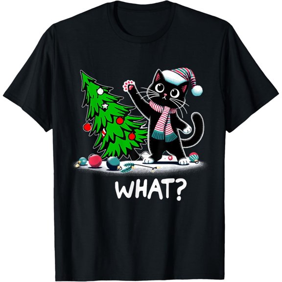 Christmas Black Cats Lovers Cat Tree Lights What Holiday T-Shirt, Size S-5XL