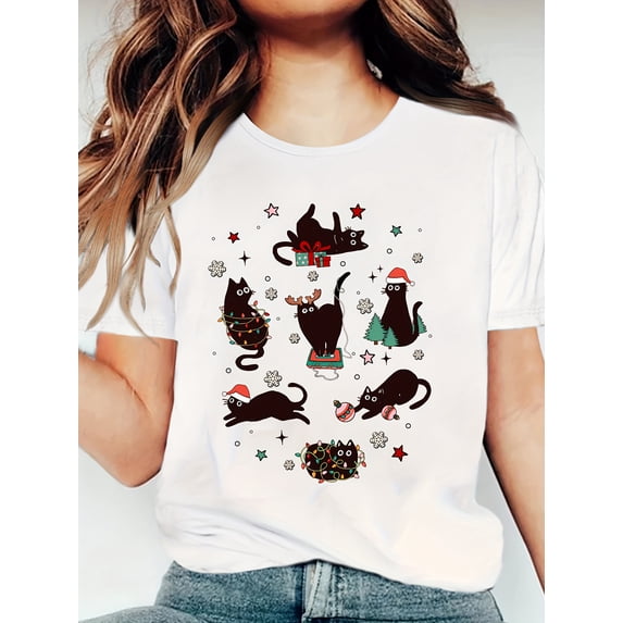 Christmas Black Cats T-Shirt Funny Cat Lover Xmas Lights Santa Hat Graphic Tee