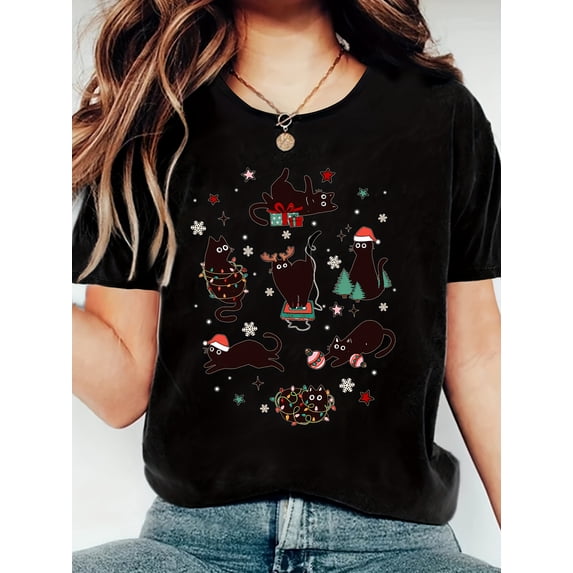 Christmas Black Cats T-Shirt Funny Cat Lover Xmas Lights Santa Hat Graphic Tee