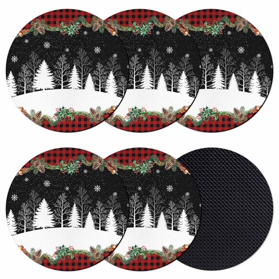 Christmas Black Coasters Set of 6, Absorbent Coasters for Drinks, White Xmas Tree Forest Poinsettia Buffalo Plaid Coaster for Desk Coffee Table Protection, Home Decor House Warming Gifts 4"