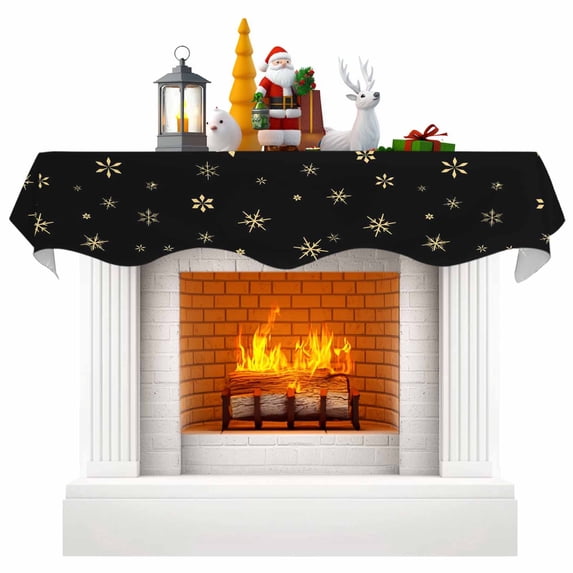 Christmas Black Fireplace Mantle Scarf, Winter Snowflakes Xmas Retro Mantel Cover Table Runner for Home Living Room Door Window, Indoor Outdoor Holiday Party Decor 17" x 70"
