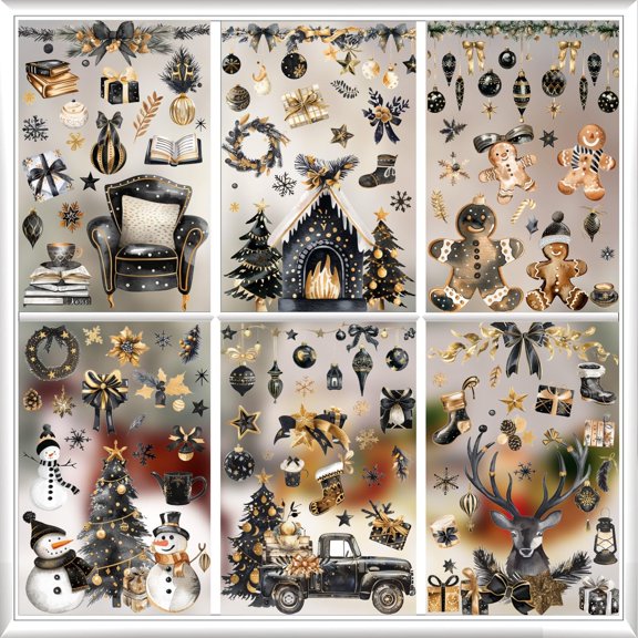 Christmas Black And Gold Stickers 6 Pieces Set PVC Static Cling Decals Holiday Party Decor Winter Scene Snowflake Tree Ornament Gingerbread Deer Window For Home Celebration Indoor Festive Atmosphere