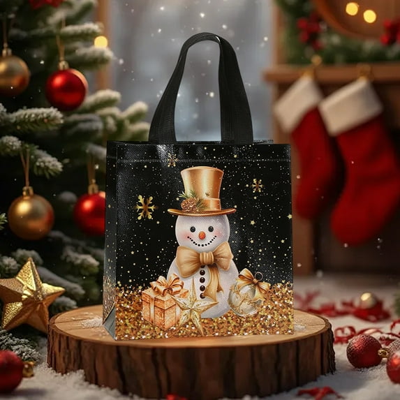 Christmas Black Handbag - Non-Woven Shopping Bag with Festive Prints - Holiday Gift Packaging,C