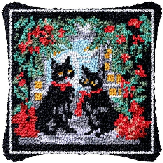 Christmas Black Kitten Latch Hook Pillow Cover Kits for Needlework Cushion Throw Pillow Cross Stitch Crochet Hook Pillowcase Rug Kits Printed Canvas Crochet Yarn Kits Needlework 17'' X 17''