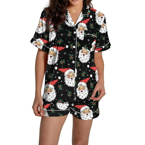 Christmas Black Pajamas for Women Set Women Pajamas Graphic Printed Silk Satin Cute Sleepwear Buttons Short Sleeve Tops Shorts Sets Womens Sleepwear